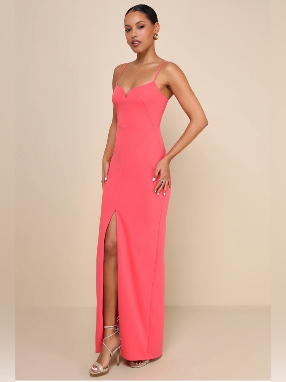 NWT Lulus Coral Pink Spaghetti Strap With Slit Evening Gown Small - Picture 4 of 9